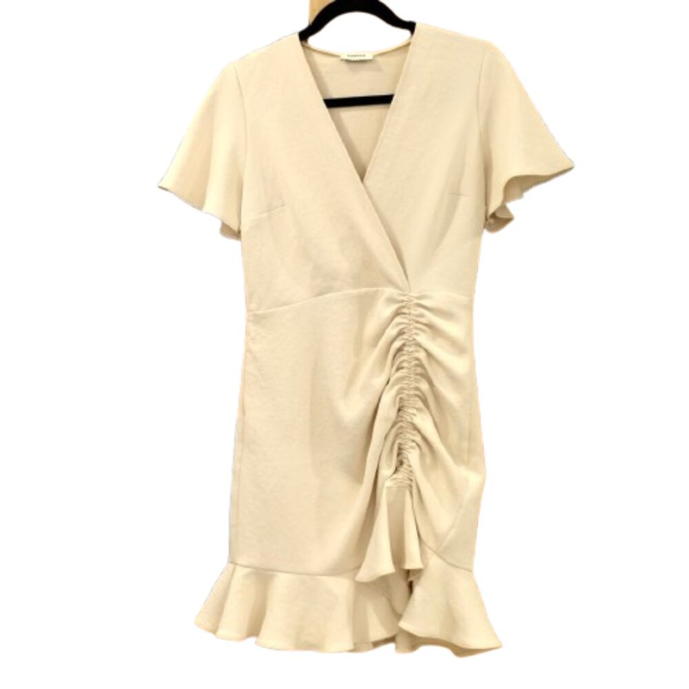 SANDRO~ALBI Ruched Ruffled Crepe Mini Dress~ Beige~EU 36